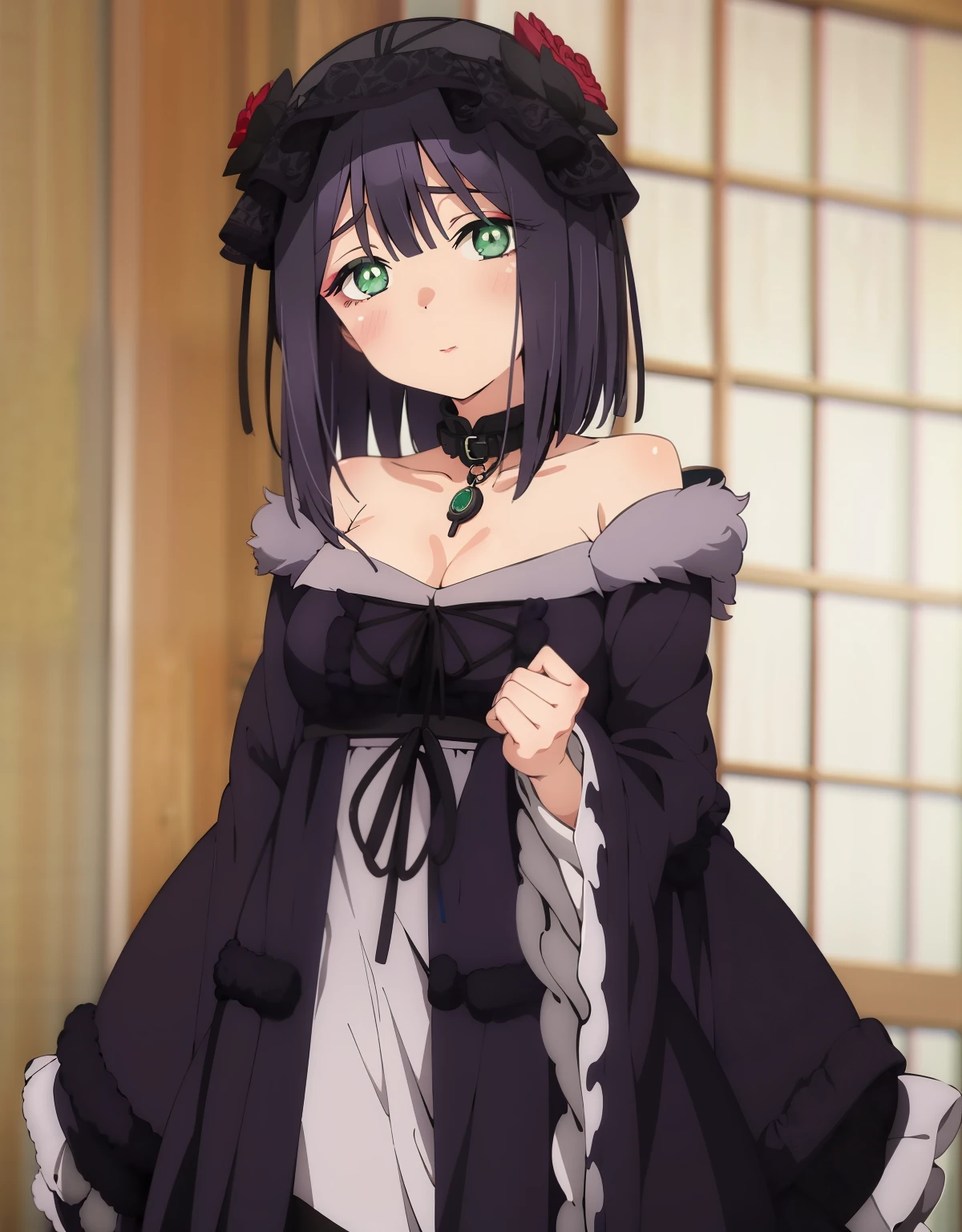 fubuki, fubuki, black hair, (green eyes:1.5), short hair, BREAK black dress, dress, fur coat, high collar, jewelry, necklace, off shoulder, taut clothes, taut dress, BREAK outdoors, BREAK looking at viewer, (cowboy shot:1.5), BREAK (masterpiece:1.2), best quality, high resolution, unity 8k wallpaper, (illustration:0.8), (beautiful detailed eyes:1.6), extremely detailed face, perfect lighting, extremely detailed CG, (perfect hands, perfect anatomy),