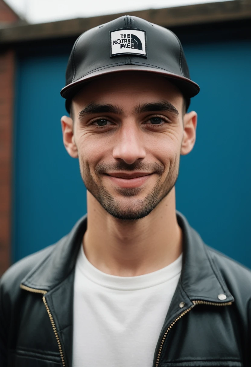 candid cinema, 16mm, color graded portra 400 film, remarkable color, textured skin, remarkable detailed pupils, visible skin detail, skin fuzz, dry skin, ((full view))), ((full body complete:1.9+++))), RAW low contrast photograph of a scally guy chav of 20 year old tall and lanky Caucasian handsome guy with dynamic pose, (he is greeting with hand and smiling while looking at camera:1.9), some beard, He has dark brown buzz cut and freckles on his face, (Stubble:1.9), (Masculine:1.5), mild body hair, scally guys, full body:1.9, with a very shiny and huge black nylon puffer jacket "the north face":1.7, (wears a black leather cap:1.8)++, he is looking down at the viewer angrily, (partially tattooed on face, neck and hands;1,8), The photo is taken at night inside his room from a low angle