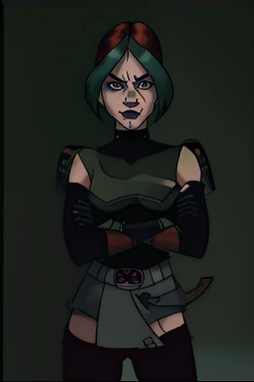 (X-Men evolution Rogue) (human face) (ponytail) (leather jacket) (corset) (military belts) (Warrior) (cocky smile) (tribal tattoos) (green and blue hair) (X-Men Rogue) (Star Trek Jadzia Dax) (2000 Ninja Turtles April) (Greek mythology Athena) (pirate woman) (Star Wars zabrak) (Star Trek trill) (pale skin) (face tattoos) (zabrac face tattoos) (goth) (bo-katan) (cleveg) (low cut top)