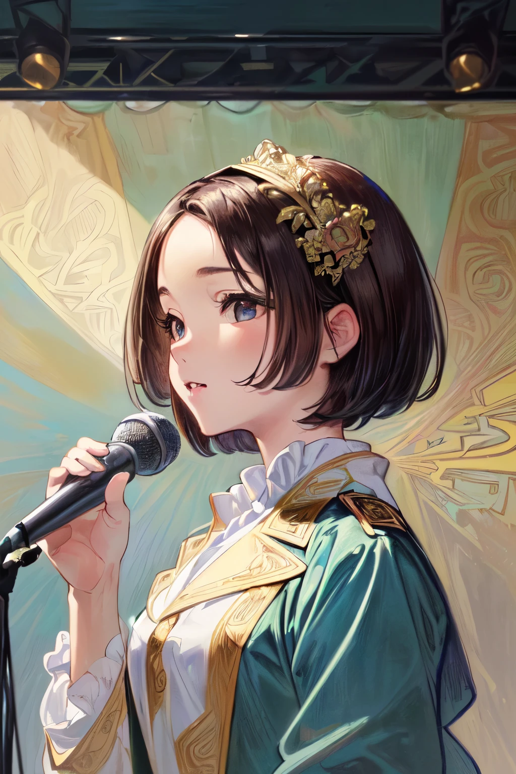 ((Best of the highest quality, 8k, Masterpiece, raw photo: 1.3)), (Great artist style, Alphonse Mucha, Sharp focus: 1.2), (1girl: 1.1), (Solo: 1.1), face focus, cute face, (portrait: 1.2), (k-pop idol, on the stage, microphone: 1.28), jacket, skirt, (brunette short bob hair, forehead: 1.1),
