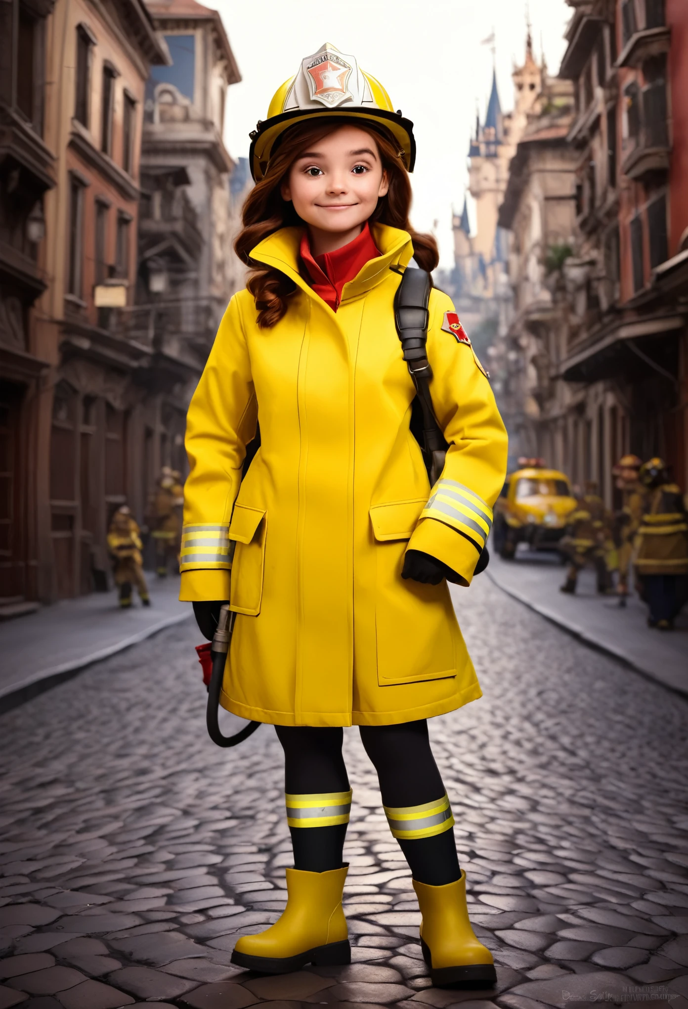 girl firefighter with yellow coat in brazil, disney pixar style