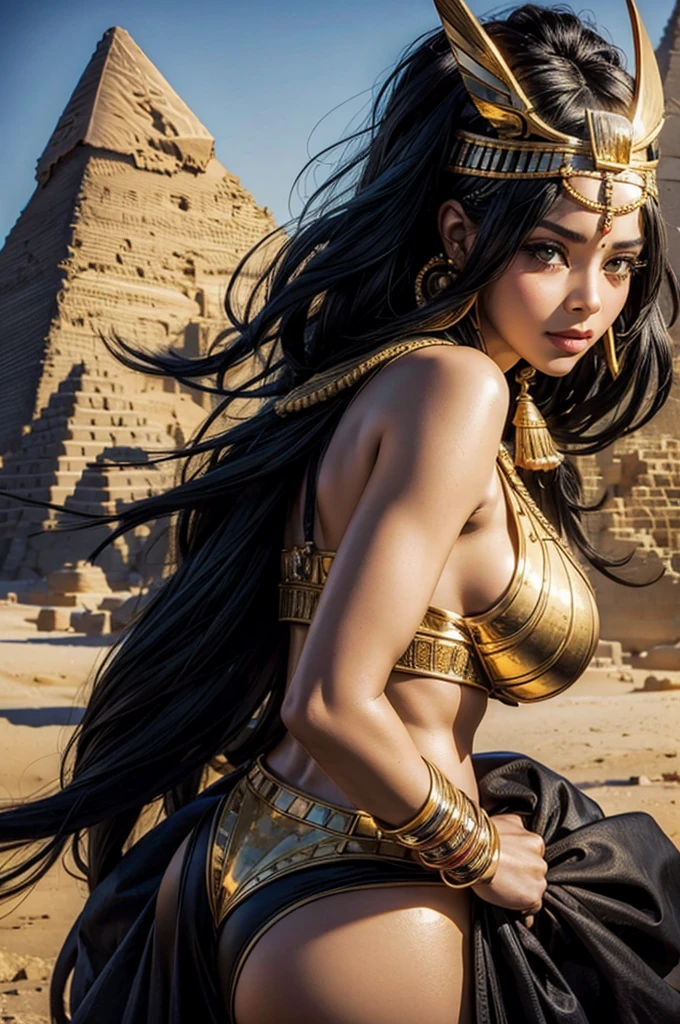 Perfect face, cute girl, big breasts, black hair, big butt, Egyptian queen, egypt pyramids background 