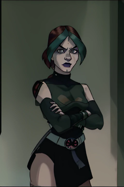 (X-Men evolution Rogue) (human face) (ponytail) (leather jacket) (corset) (military belts) (Warrior) (cocky smile) (tribal tattoos) (green and blue hair) (X-Men Rogue) (Star Trek Jadzia Dax) (2000 Ninja Turtles April) (Greek mythology Athena) (pirate woman) (Star Wars zabrak) (Star Trek trill) (pale skin) (face tattoos) (zabrac face tattoos) (goth) (bo-katan) (cleveg) (low cut top) (sexy)