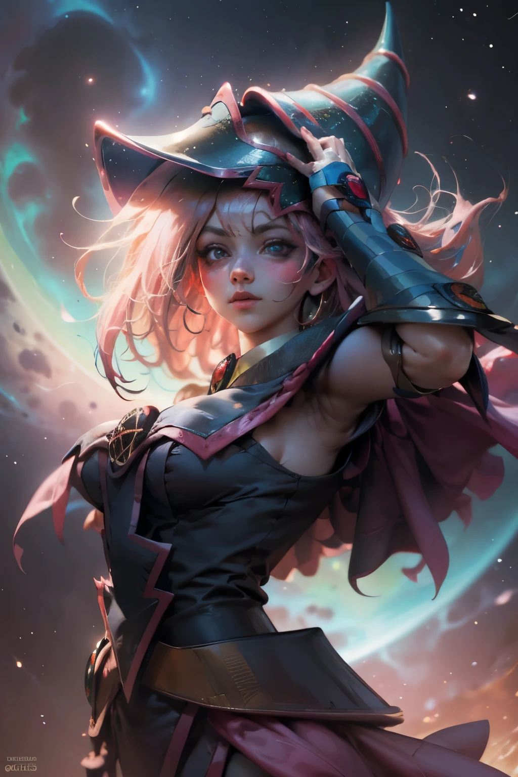 Giles magos oscuros. magos oscuros. ojos azules. cabello rubio. labios rojos. Detailed Features.., cosmic colors, ethereal lighting, Pintura surrealista, high resolution, otherworldly atmosphere, Seres celestiales. Hermosa diosa