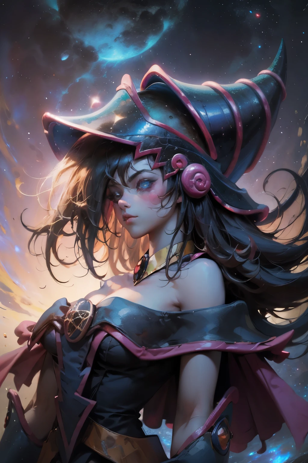 Giles magos oscuros. magos oscuros. ojos azules. cabello rubio. labios rojos. Detailed Features.., cosmic colors, ethereal lighting, Pintura surrealista, high resolution, otherworldly atmosphere, Seres celestiales. Hermosa diosa