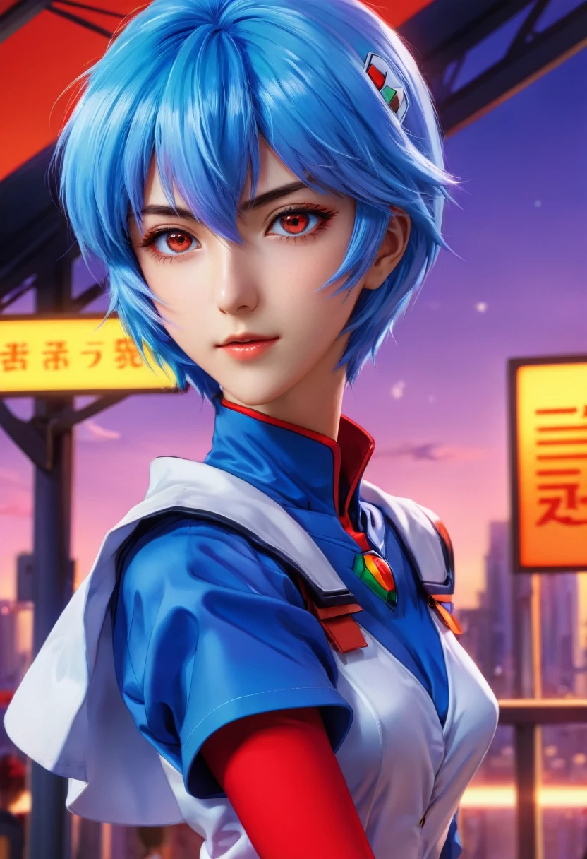 1girl, ayanami rei, neon genesis evangelion, a girl with blue hair and red eyes, anime style, 90s anime, school uniform, kawaii, detailed face, detailed eyes, detailed hair, beautiful detailed eyes, beautiful detailed lips, extremely detailed eyes and face, long eyelashes, dynamic pose, cinematic lighting, 8k, highly detailed, masterpiece, digital painting, vibrant colors, atmospheric, dramatic lighting, anime artwork, anime style, visual, vibrant, studio anime, highly detailed