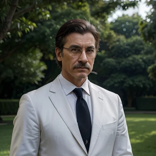 The photo depicts a 52-year-old Slavic man standing tall and proud in the ceremonial gardens of the presidential palace. His short, black hair is neatly combed to the side, framing his weathered, sun-kissed complexion and matching black mustache. Perched atop his nose are a pair of black-framed glasses, lending an air of gravitas to his distinguished features.
The man is dressed in a simple, tailored black suit, the crisp white dress shirt beneath accentuated by a deep navy blue necktie. A black blazer is draped over his broad shoulders, completing the formal, stately attire befitting his position of power.
He stands facing the camera, shoulders squared and gaze steady, exuding an aura of confidence and authority. The lush, manicured gardens of the presidential estate stretch out behind him, the grand, whitewashed facade of the official residence visible in the distance under a bright, cloudless sky.
This ceremonial portrait captures the essence of the Slavic leader - a man of experience and influence, comfortable in his role as the head of state. His unwavering stare and composed bearing suggest a seasoned politician, well-versed in the intricacies of diplomacy and governance. There is a sense of quiet strength and resolve in his demeanor, hinting at the weight of responsibility he carries as the nation's highest-ranking official.
The setting, with its stately architecture and pristine landscaping, underscores the gravitas of the man's position. This is no casual snapshot, but a carefully composed image meant to project an aura of power, stability and tradition. It is a portrait that commands respect and conveys the solemnity of the office he holds.