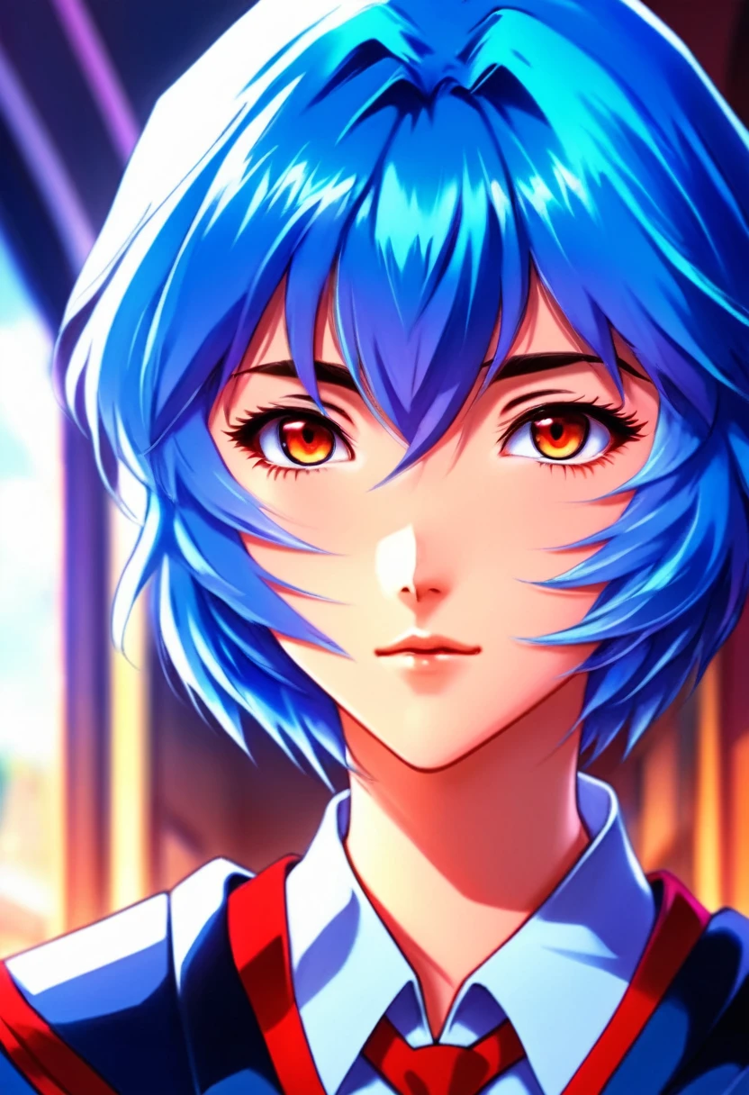 1girl, ayanami rei, neon genesis evangelion, a girl with blue hair and red eyes, anime style, 90s anime, school uniform, kawaii, detailed face, detailed eyes, detailed hair, beautiful detailed eyes, beautiful detailed lips, extremely detailed eyes and face, long eyelashes, dynamic pose, cinematic lighting, 8k, highly detailed, masterpiece, digital painting, vibrant colors, atmospheric, dramatic lighting, anime artwork, anime style, visual, vibrant, studio anime, highly detailed