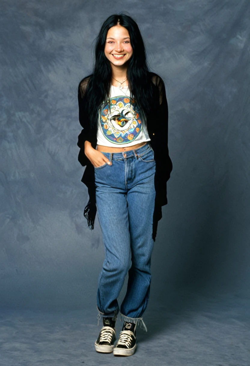 twenty year old woman, photorealistic, 90s style, 1990s, 90s hippie, grunge, long black hair, round face, adorable, happy, (full body shot:1)