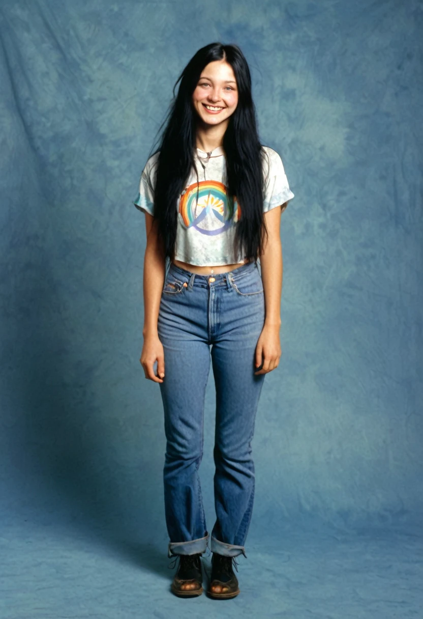 twenty year old woman, photorealistic, 90s style, 1990s, 90s hippie, grunge, long black hair, round face, adorable, happy, (full body shot:1)