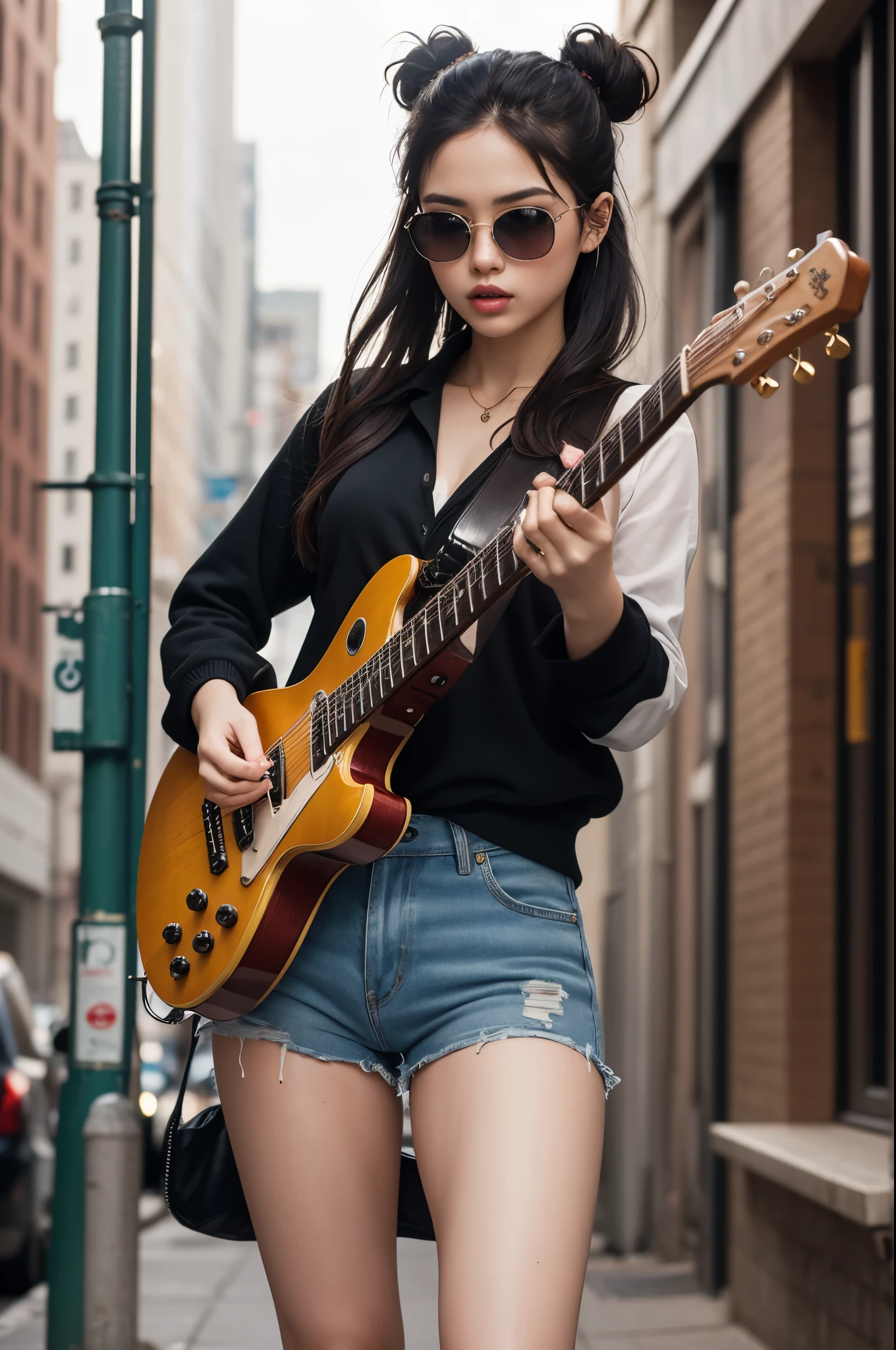 High resolution, high quality, one-of-a-kind real photos taken by professional photographers with SLR cameras. The striking real photo features the rebellious dark-haired woman as the glamorous centerpiece. She wears messy double buns, a rock-inspired outfit, and sunglasses as she passionately plays her electric guitar. Her wild, intricate hair flutters with her vigorous movements, giving her a fearless and determined look. As she poses playing her guitar, the city skyline serves as a dynamic backdrop, effortlessly blending fashion and urban vibes. Exuding boldness, edge, and unbridled energy, it is the perfect embodiment of rock soul and attitude.