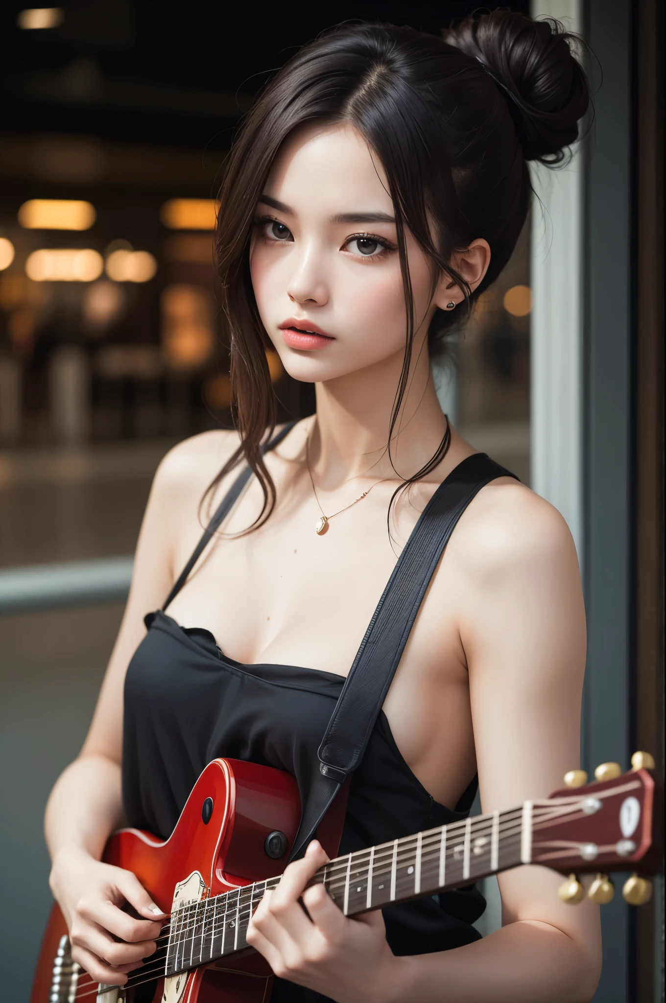 High resolution, high quality, one-of-a-kind real photos taken by professional photographers with SLR cameras. The striking real photo features the rebellious dark-haired woman as the glamorous centerpiece. She wears messy double buns, a rock-inspired outfit, and sunglasses as she passionately plays her electric guitar. Her wild, intricate hair flutters with her vigorous movements, giving her a fearless and determined look. As she poses playing her guitar, the city skyline serves as a dynamic backdrop, effortlessly blending fashion and urban vibes. Exuding boldness, edge, and unbridled energy, it is the perfect embodiment of rock soul and attitude.