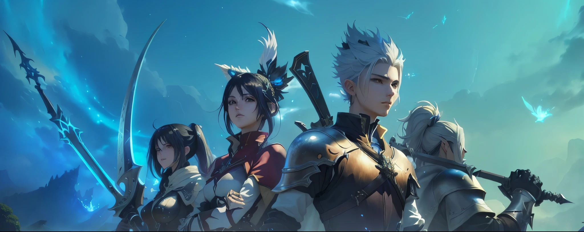 a group of 8 people standing around a field with a bunch of swords, MMORPG fantasy, 2. 5 d cgi arte de fantasia de anime, MMORPG, fantasia mmo, arte de RPG, amazing MMORPG, <MMORPGs scene, MMORPG gameplay, epic arte de RPG, korean MMORPG, arte oficial altamente detalhada, estilo shadowverso, arte de fantasia de anime, jogo cg, HD epic fantasy art style,