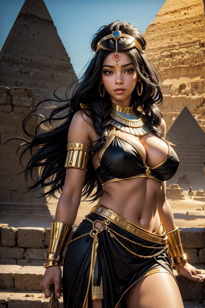 Perfect face, cute girl, , black hair, Egyptian queen, egypt pyramids background 