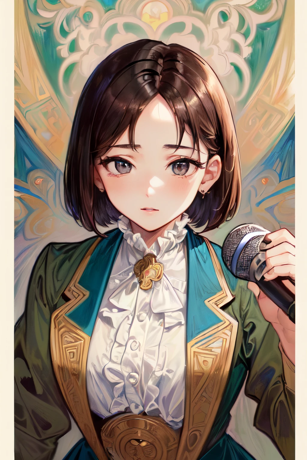 ((Best of the highest quality, 8k, Masterpiece, raw photo: 1.3)), (Great artist style, Alphonse Mucha, Sharp focus: 1.2), (1girl: 1.1), face focus, cute face, (portrait: 1.2), (k-pop idol, on the stage, microphone: 1.28), jacket, skirt, from above, (brunette short bob hair, forehead: 1.1),