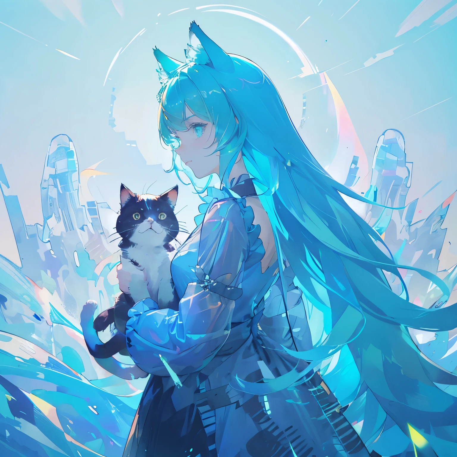 a cute female with cat ears, many different colors of cyan and aquamarine, shades of blues and greens, galaxy backround, has cat tail