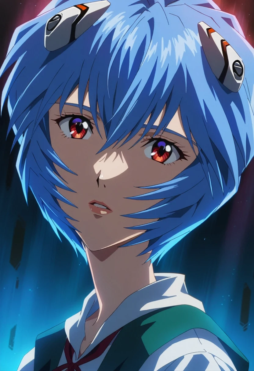 1girl, ayanami rei, neon genesis evangelion, a girl with blue hair and red eyes, anime style, 90s anime, school uniform, kawaii, detailed face, detailed eyes, detailed hair, beautiful detailed eyes, beautiful detailed lips, extremely detailed eyes and face, long eyelashes, dynamic pose, cinematic lighting, 8k, highly detailed, masterpiece, digital painting, vibrant colors, atmospheric, dramatic lighting, anime artwork, anime style, visual, vibrant, studio anime, highly detailed