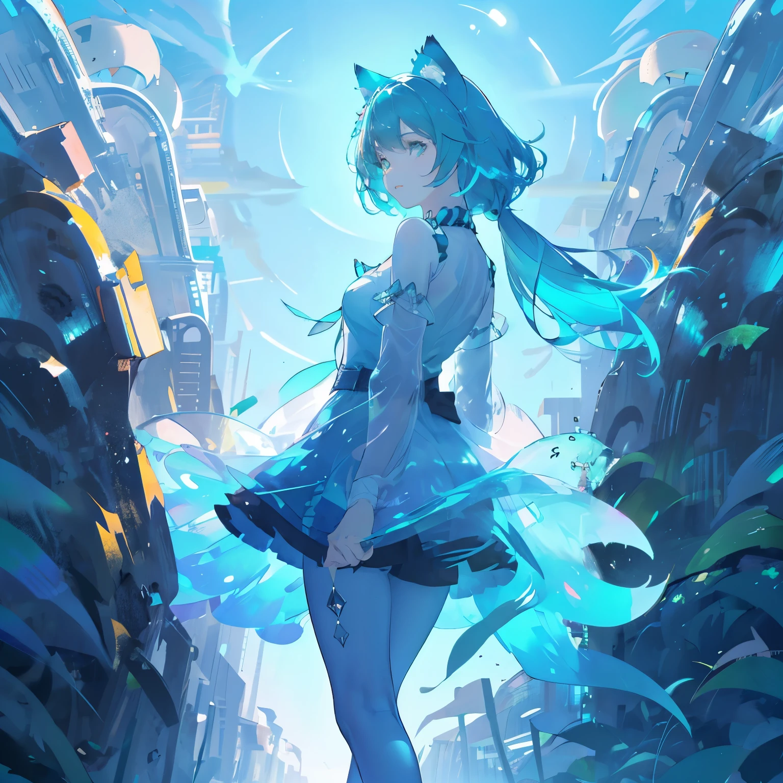 a cute female with cat ears, many different colors of cyan and aquamarine, shades of blues and greens, galaxy backround, has cat tail