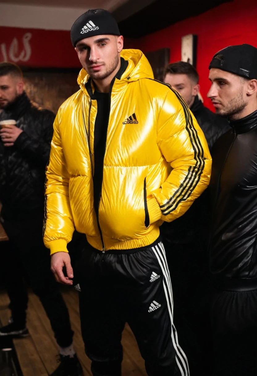 Graffiti urban style, portrait of medium body of two:chav guys handsome 30 year old Chavs,muscular and athletic,having a beer inside a bar in London, more scally men in the background, He has dark brown buzz cut and freckles on his face, full black leather cap "adidas" in black shiny latex tracksuit++, ((low angle)), legs apart, dynamic pose, wearing a super inflated huge shiny yellow puffer jacket "Adidas",Extremely Realistic,depth of field:1.4, adidas tracksuit, detailed hand+, detailed hands+, perfect hand+, perfect hands+, masterpiece face+, masterpiece hands++, detaled hands, perfect hand, perfect body, realistic, ultra textured skin, ultra textured cloth+, super ultra textured materials+, small details corrected, highly textured skin+, textured clothing+, perfect hands+, hands without fused fingers+