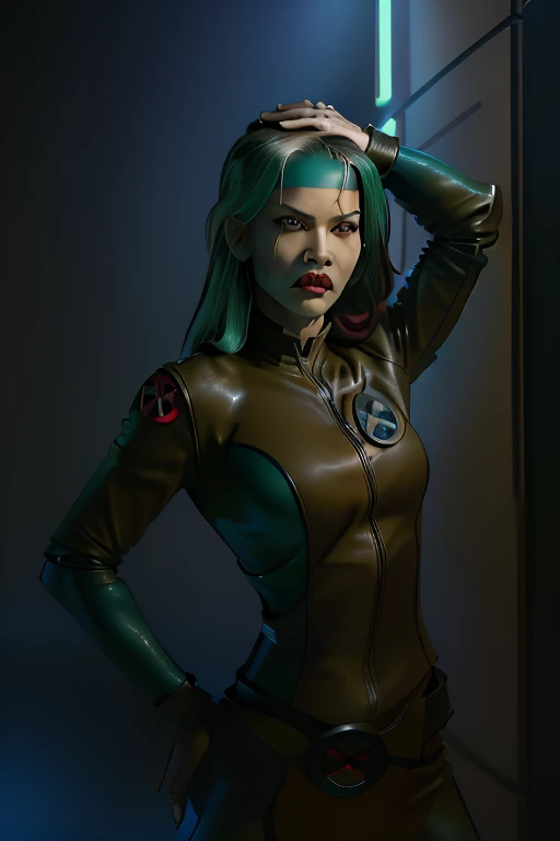 (X-Men evolution Rogue) (human face) (ponytail) (leather jacket) (corset) (military belts) (Warrior) (cocky smile) (tribal tattoos) (green and blue hair) (X-Men Rogue) (Star Trek Jadzia Dax) (2000 Ninja Turtles April) (Greek mythology Athena) (pirate woman) (Star Wars zabrak) (Star Trek trill) (pale skin) (face tattoos) (zabrac face tattoos) (goth) (bo-katan) (cleveg) (low cut top) (sexy) (Bra)