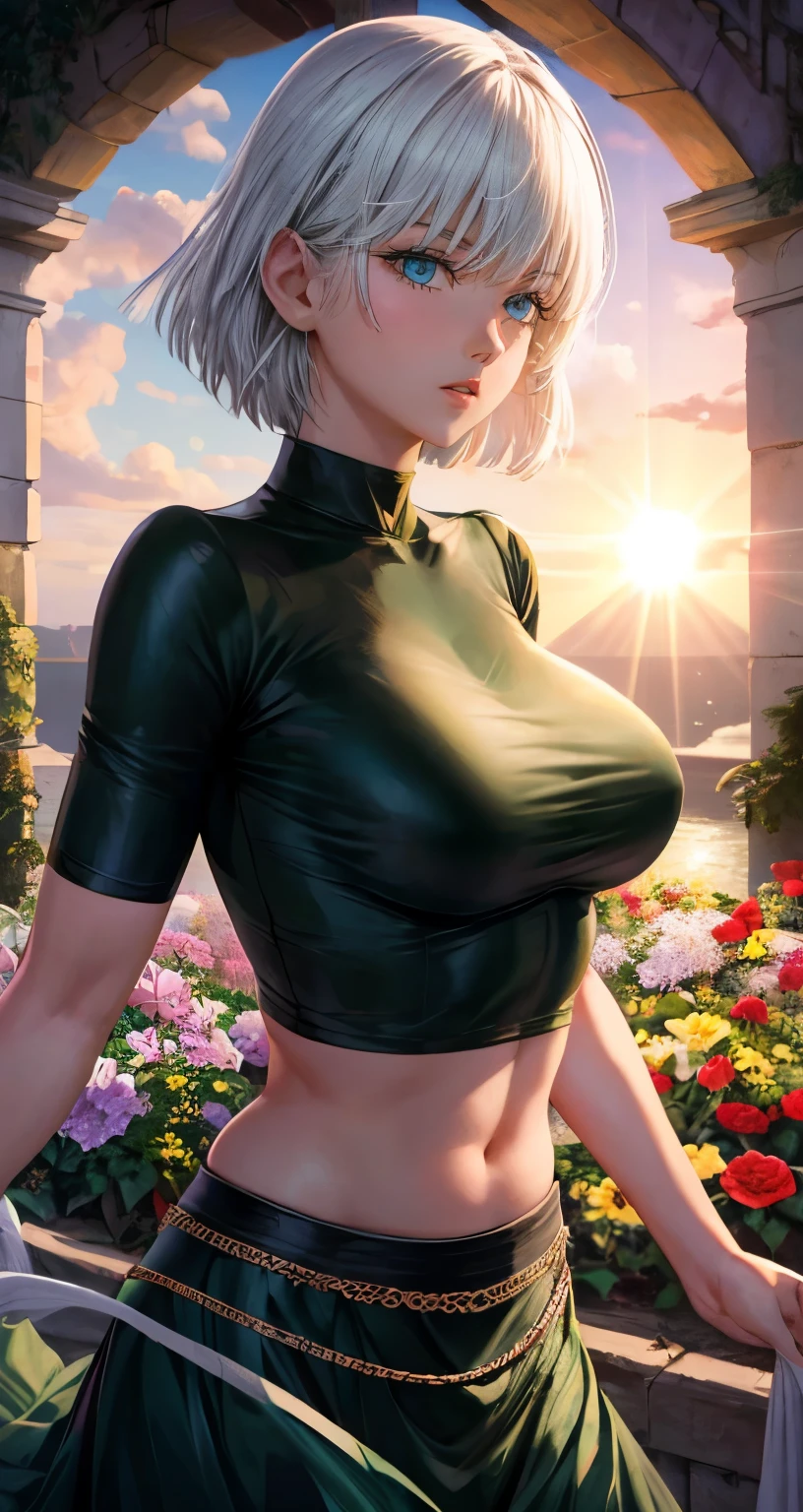 realistic, 1girl, Fubuki, white hair, green eyes, big round breasts, clear white skin, shining eyes, black crop top, dark green skirt, parted lips, rouge, night, flowers, sun, sunshine