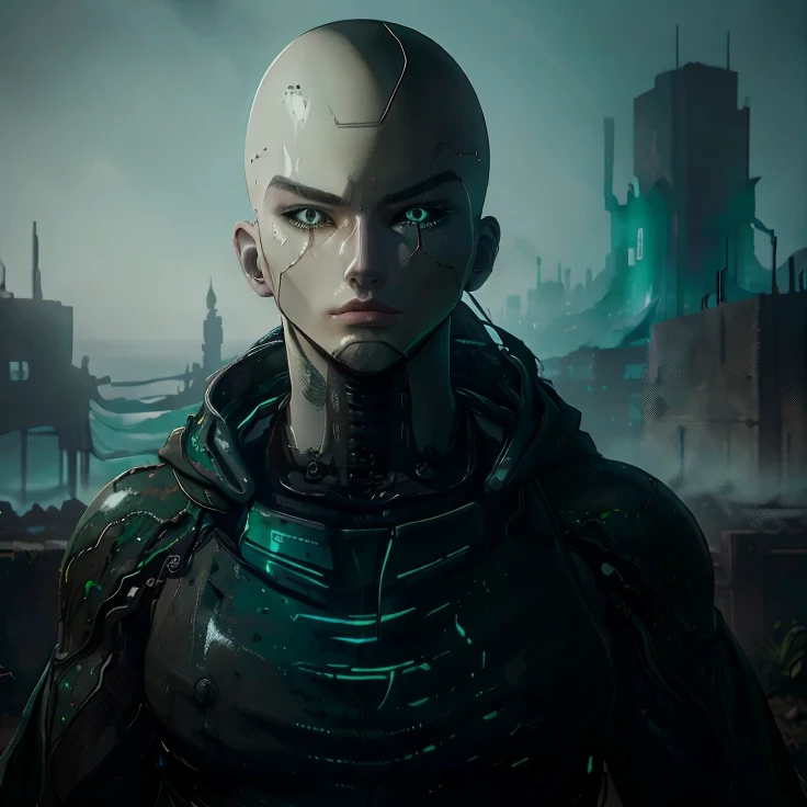 A painting showing the face of an android, masculine, with emerald green eyes that convey wisdom and determination. He wears a hood covering his bald head, without a helmet. The background is a dystopian world in ruins, with a cloudy sky in the background.