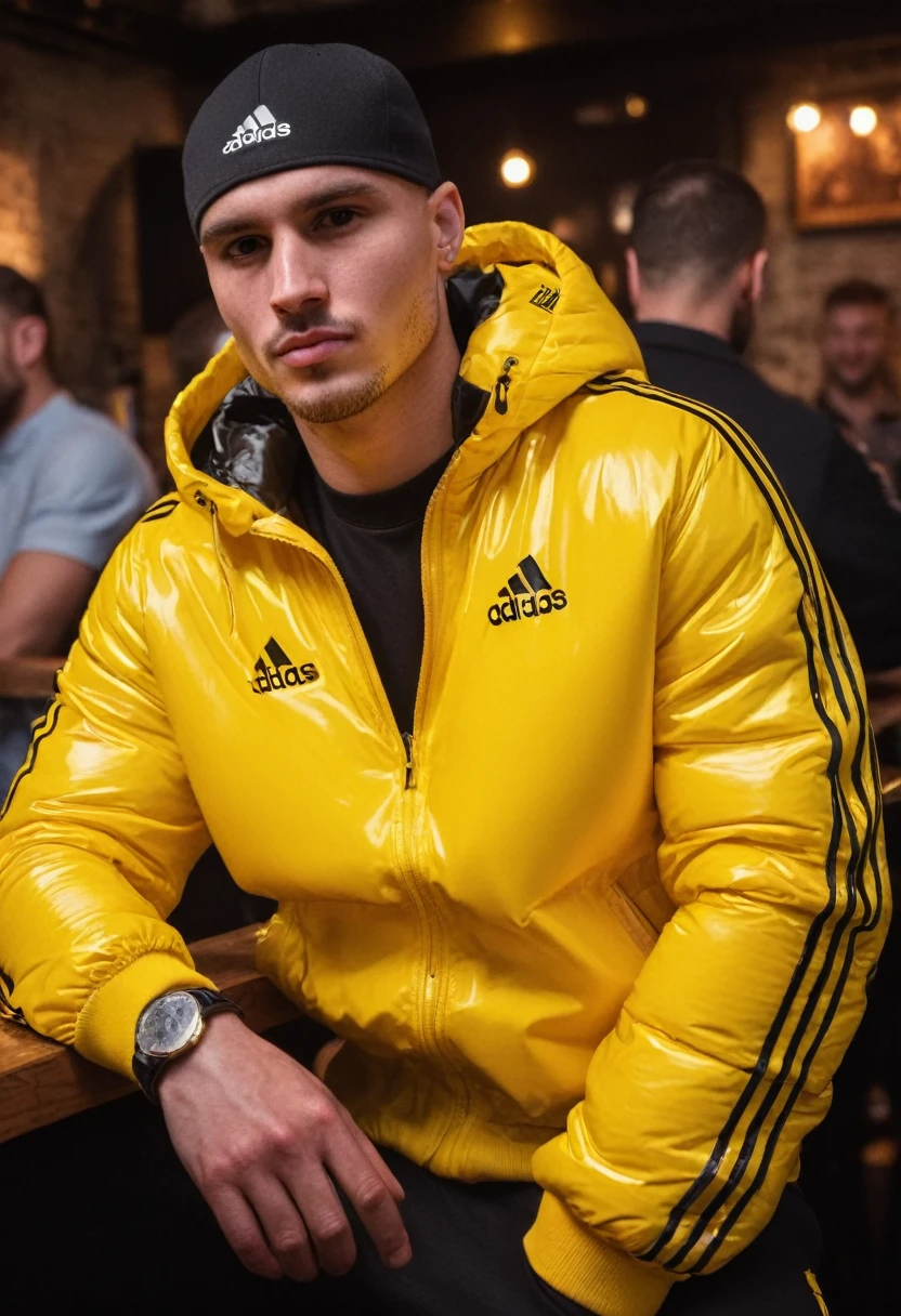 Graffiti urban style, portrait of medium body of two:chav guys handsome 30 year old Chavs,muscular and athletic,having a beer inside a bar in London, more scally men in the background, He has dark brown buzz cut and freckles on his face, full black leather cap "adidas" in black shiny latex tracksuit++, ((low angle)), legs apart, dynamic pose, wearing a super inflated huge shiny yellow puffer jacket "Adidas",Extremely Realistic,depth of field:1.4, adidas tracksuit, detailed hand+, detailed hands+, perfect hand+, perfect hands+, masterpiece face+, masterpiece hands++, detaled hands, perfect hand, perfect body, realistic, ultra textured skin, ultra textured cloth+, super ultra textured materials+, small details corrected, highly textured skin+, textured clothing+, perfect hands+, hands without fused fingers+