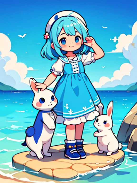 El mar es azul y tranquilo.. El cielo esta claro y brillante. PAUSE The girl smiles warmly at the rabbit.., Gente, a quienes parece gustarles las verduras. ella acaricia su pelaje, siente esta suavidad. Se siente conectada con los animales., Es&#39;es como el nuestro&#39;comparto un secreto. estallar repentinamente, 

