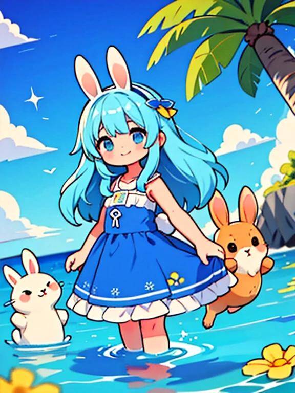 El mar es azul y tranquilo.. El cielo esta claro y brillante. PAUSE The girl smiles warmly at the rabbit.., Gente, a quienes parece gustarles las verduras. ella acaricia su pelaje, siente esta suavidad. Se siente conectada con los animales., Es&#39;es como el nuestro&#39;comparto un secreto. estallar repentinamente, 
