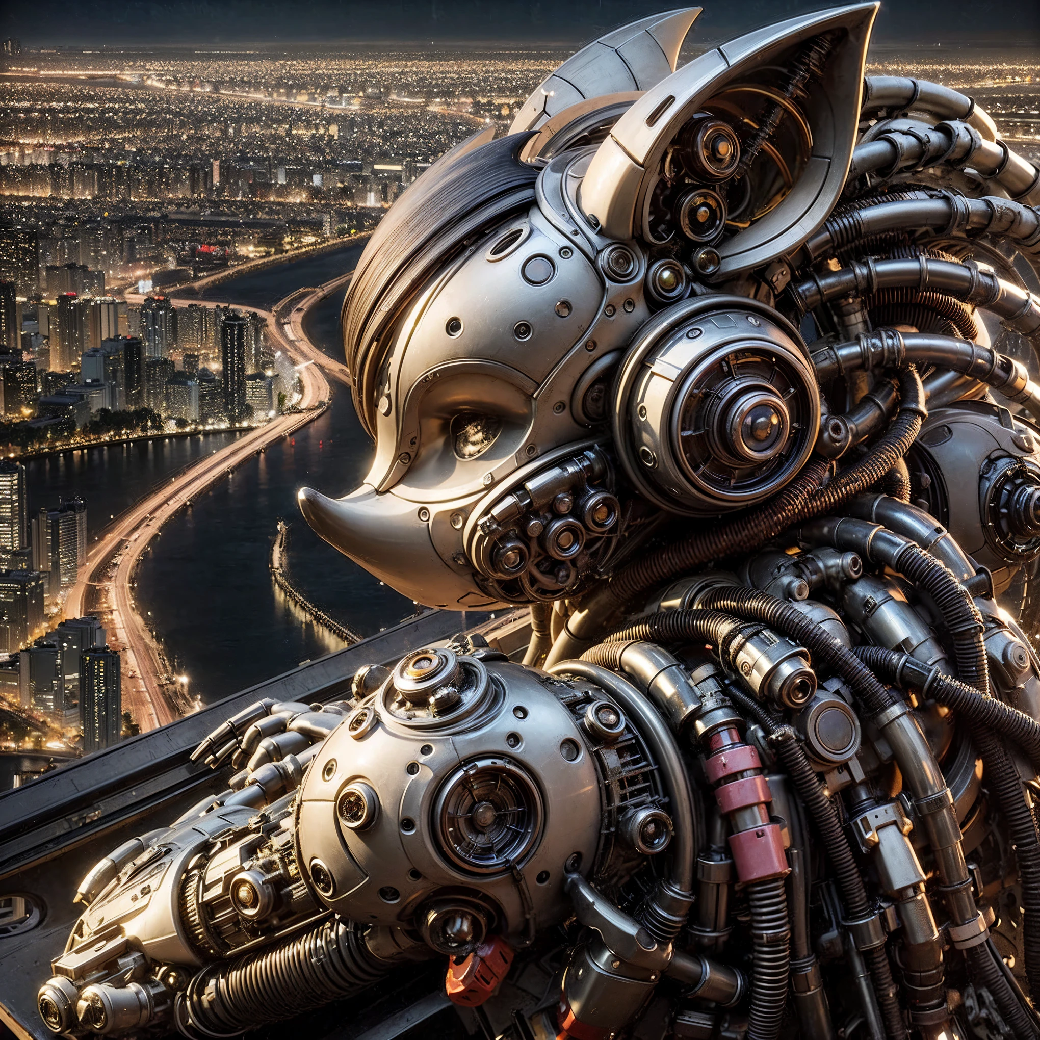 Masterpiece, (ultimate quality:1.2), 8k, Japanese woman in insect-type bio mecha armor, silver base with bronze and gold accents, very beautiful face, mechanical, (mechanical bat wings), hydraulic cylinder, power pipe, muscle fiber, ultimately intricate details, full body shot, (ultimately photo Realistic:1.37), Park with a beautiful view at night, (biological weapon), (biopunk:1.3), Full body photo, Wide-angle shot, Please generate at least 4 photos.
