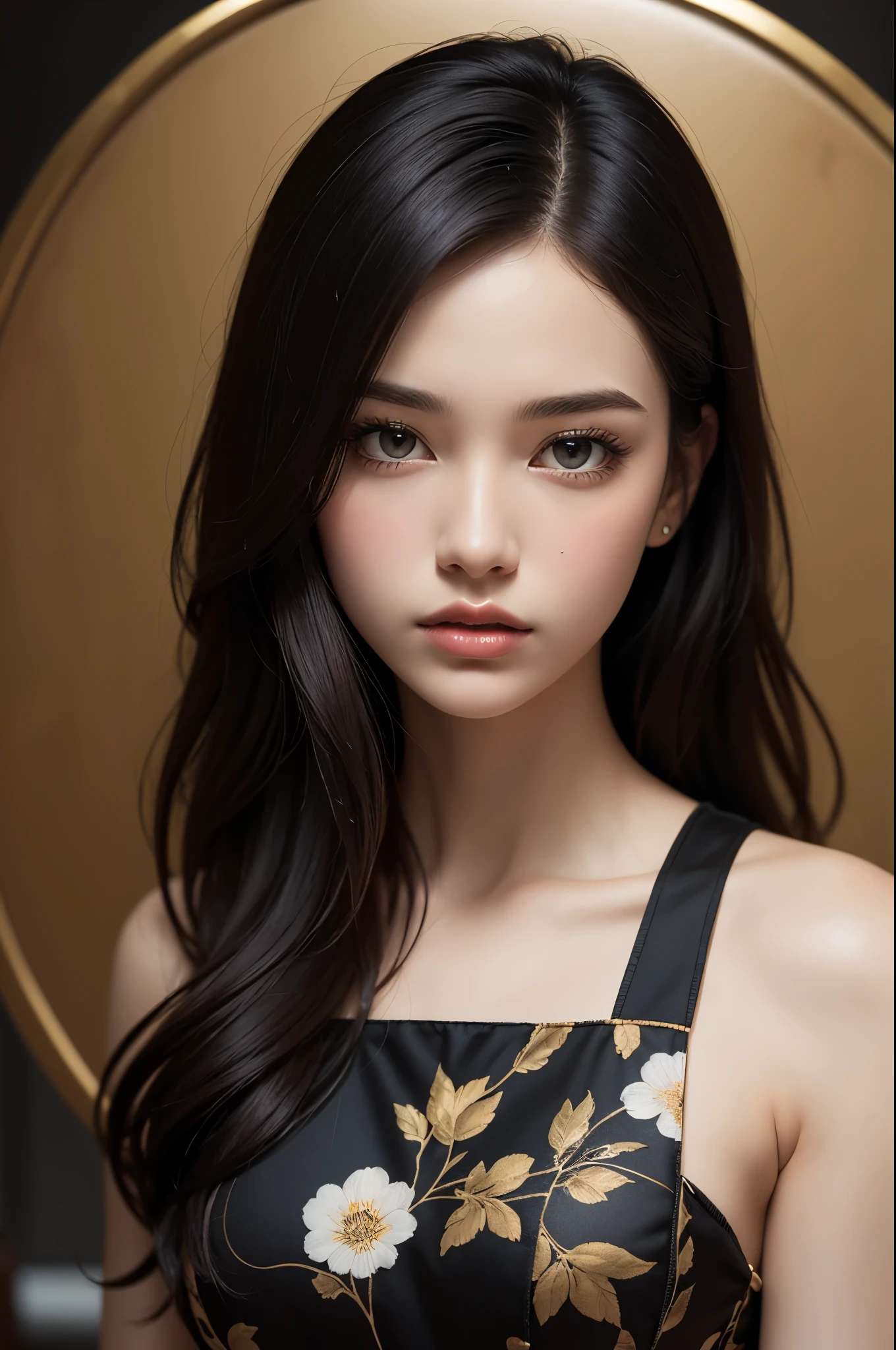 A captivating digital illustration featuring a stunning hyperrealistic long black haired woman with an intrincate inverted floral pattern silhouette. She has big red fan in her hand, half covering her face, and is adorned in MonicaAriana's signature black, golden, and white colors. The image has a unique, degraded and burnt effect, giving it an artistic and vintage touch. The overall ambiance is a blend of modern and classic elements, with MonicaAriana's name at the bottom., illustration