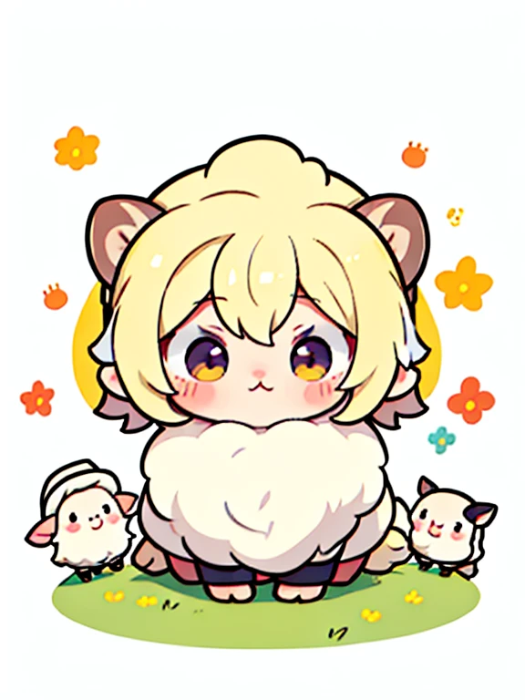 (chibi:1.3), ovejas alrededor, ovejas amarillas por todas partes, Flock of sheep, kawaiitech, kawaii, lindo, colores, mejor calidad, feliz
