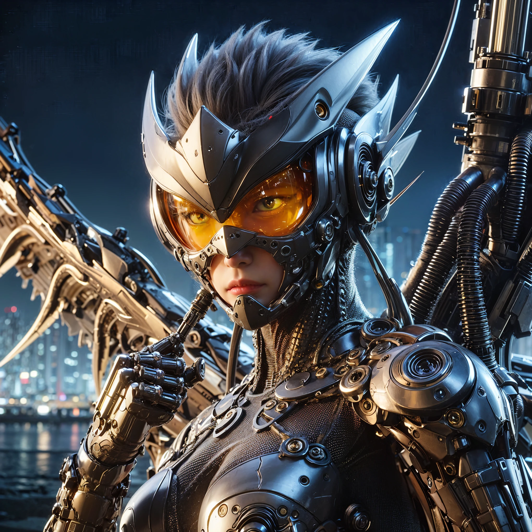 Masterpiece, (ultimate quality:1.2), 8k, Japanese woman in insect-type bio mecha armor, silver base with bronze and gold accents, very beautiful face, mechanical, (mechanical bat wings), hydraulic cylinder, power pipe, muscle fiber, ultimately intricate details, full body shot, (ultimately photo Realistic:1.37), Park with a beautiful view at night, (biological weapon), (biopunk:1.3), Full body photo, Wide-angle shot, Please generate at least 4 photos.
