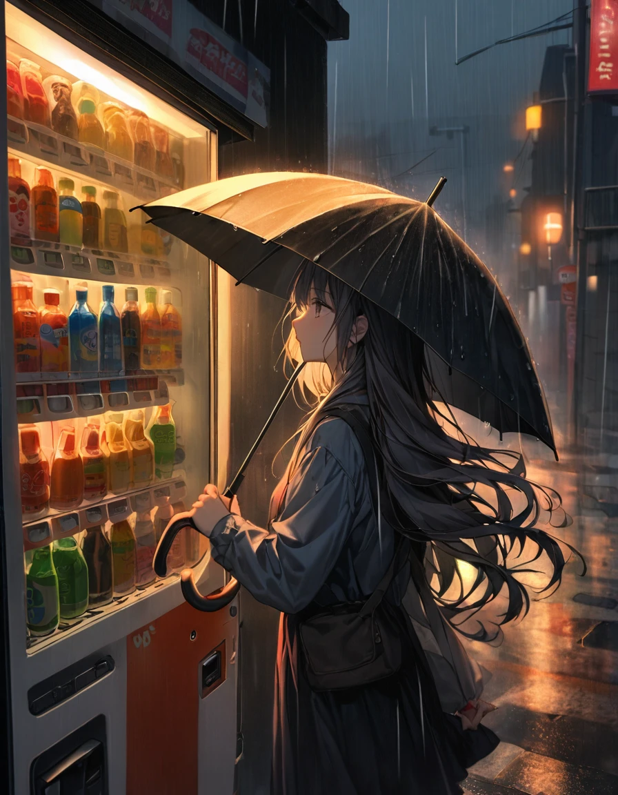 A girl standing in front of a vending machine at midnight. The environment is dark and rainy, with the vending machine and a nearby street light providing the only sources of illumination. The girl is holding an umbrella, shielding herself from the rain. The light from the vending machine and the street light illuminates her body and face, creating a soft glow. The scene is taken from the left-back side, capturing the side profile of the girl, her umbrella, and the vending machine. The girl has long, flowing hair and is wearing a casual outfit with subtle anime-inspired elements. Raindrops are visible, adding to the dark and moody atmosphere. The background is dim and slightly blurred to emphasize the girl, the umbrella, and the vending machine, which is filled with a variety of colorful snacks and drinks, adding a vibrant contrast to the dark surroundings, High-resolution, ultra-detailed digital art, Dark atmosphere with realistic rain effects, Slight texture on the girl's clothes and umbrella, Slightly blurred background for depth of field
