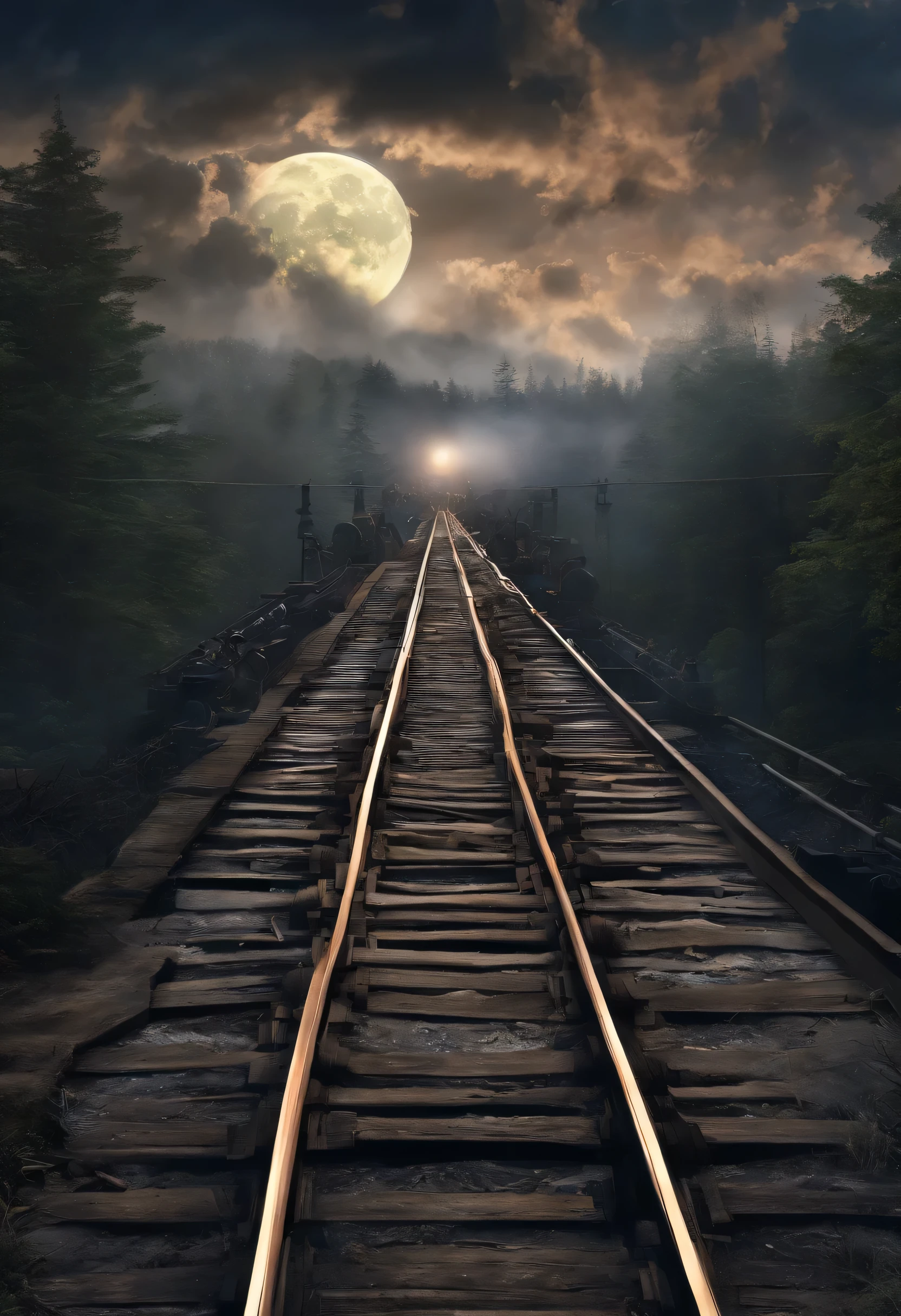 romantismo, perspectiva, UHD, Obra de arte, melhor qualidade,Noite silenciosa,The Milky Way is on the other side of the night,The bright moon was embedded in the darkness,Um trem viaja sozinho em uma ponte de ferro,Caminhe pelas montanhas,com a lua,O trem lentamente vomitava vapor,Uma longa faixa de nuvens foi arrastada pelas costas
