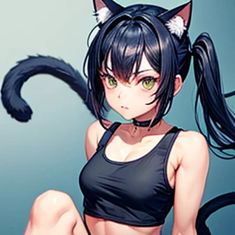 a woman, 26 years old, ass facing the public, showing her ass, cat pose, cat ears, short hair, wearing cat glove, perfect body, sensual cleavage, medium breasts, red cat shirt, wearing tight black shorts , sexy shorts, vinyl shorts, Ultra HD, 4k image, best image quality, (fidelity: 1.4), photoreal, light green eyes, eyelashes, beautiful pupil, shadows, slight blush, delicate facial features, reasonable facial features , exposed waist, natural poses, just one character