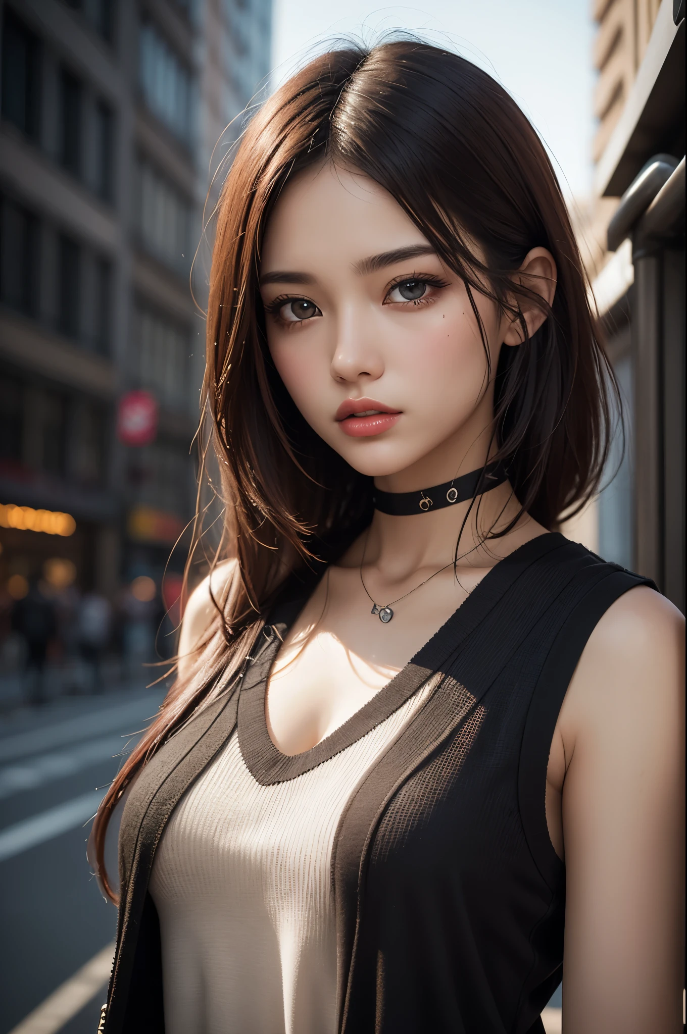 In this mesmerizing 3D render by Aura, a captivating brunette female figure stands out amidst the bustling energy of New York City. Dressed in a striking biopunk-cyberpunk graffiti style, she boasts an explosion of colorful, fiery hair swirling around her face and intense, emotional eyes. Thick, textured oils are masterfully employed to create a dynamic, three-dimensional effect that enhances the artwork's powerful presence. The rich, contrasting background colors harmonize with the bold hues of the woman's features, while the composition exudes creativity and artistic expression.