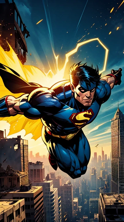 A superhero with black eyes, yellow energy, flying through a destroyed city, comic book style, super strength
