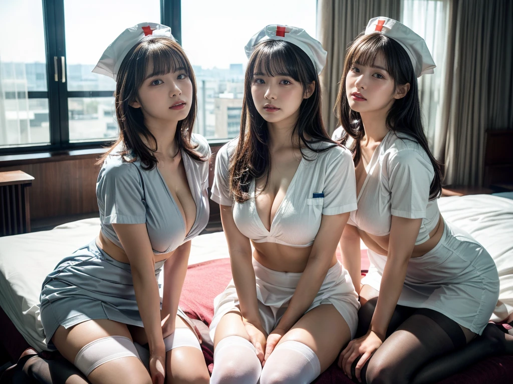 (RAW photo, 4k, masterpiece, high resolution, extremely complex) (realistic: 1.4), cinematic lighting
((2 girls)),Slam Dunk's,blushing,((innocent)),(Dark makeup),bright eyes,round eyes,blunt bangs,(straight hair:1.3),black hair,large breasts,wide hips,Summer Noon, 20 year old girl、cute type、ta,Hot, (Best Quality), (Highres), (an Extremely Delicate and Beautiful),(Beautiful 8k face),(Brown eyes),short bob hair,( spectators),(medium breasts),(Play with each other,Touching each other's bodies,Touching the body),(White nurse cap、White tights、White nurse uniform、Hand skirt、Flipping up a white skirt),(reality),bright lighting,(The background is a luxury hotel room)