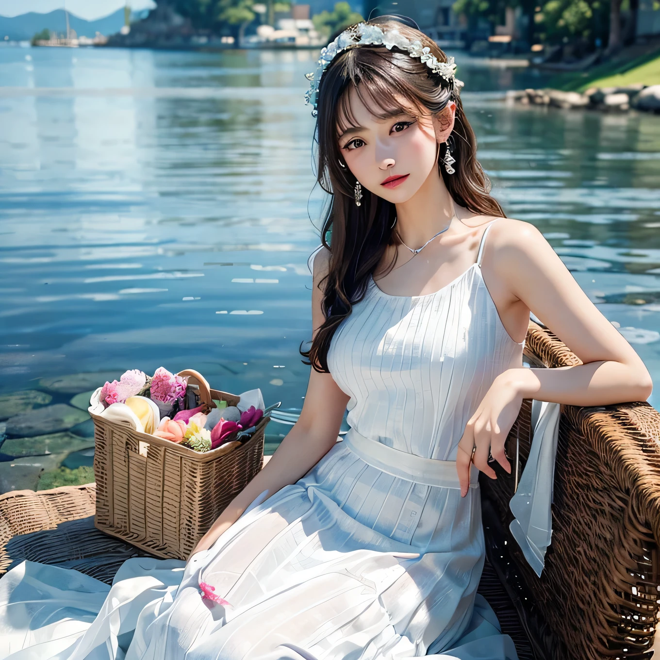 (best quality, masterpiece, ultra detailed, ultra high res, photorealistic, raw photo, absurdres, absolutely resolution:1.0), white frills chiffon sleeveless tops, white tulle maxi skirt dress,
mermaid line, wicker basket bag, outward curled hair