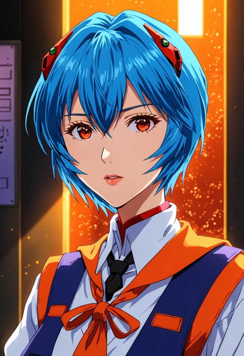 1girl, ayanami rei, neon genesis evangelion, a girl with blue hair and red eyes, anime style, 90s anime, school uniform, kawaii, detailed face, detailed eyes, detailed hair, beautiful detailed eyes, beautiful detailed lips, extremely detailed eyes and face, long eyelashes, dynamic pose, cinematic lighting, 8k, highly detailed, masterpiece, digital painting, vibrant colors, atmospheric, dramatic lighting, anime artwork, anime style, visual, vibrant, studio anime, highly detailed