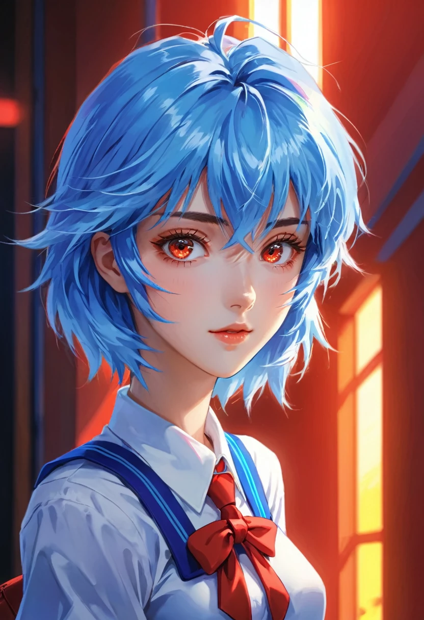 1girl, ayanami rei, neon genesis evangelion, a girl with blue hair and red eyes, anime style, 90s anime, school uniform, kawaii, detailed face, detailed eyes, detailed hair, beautiful detailed eyes, beautiful detailed lips, extremely detailed eyes and face, long eyelashes, dynamic pose, cinematic lighting, 8k, highly detailed, masterpiece, digital painting, vibrant colors, atmospheric, dramatic lighting, anime artwork, anime style, visual, vibrant, studio anime, highly detailed