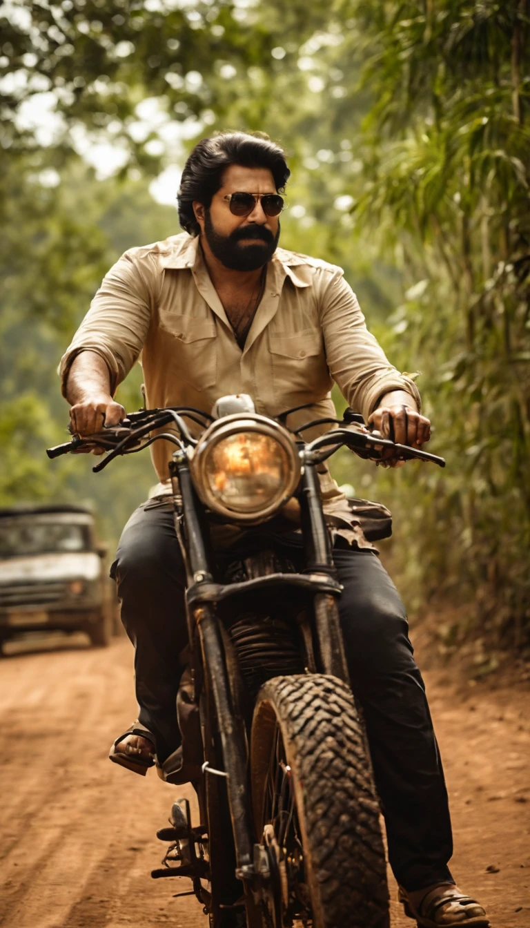 Malayalam actor Mammootty is seen travelling in bike  in a Kerala Village  background should be  his costume should be  shirt and mundu