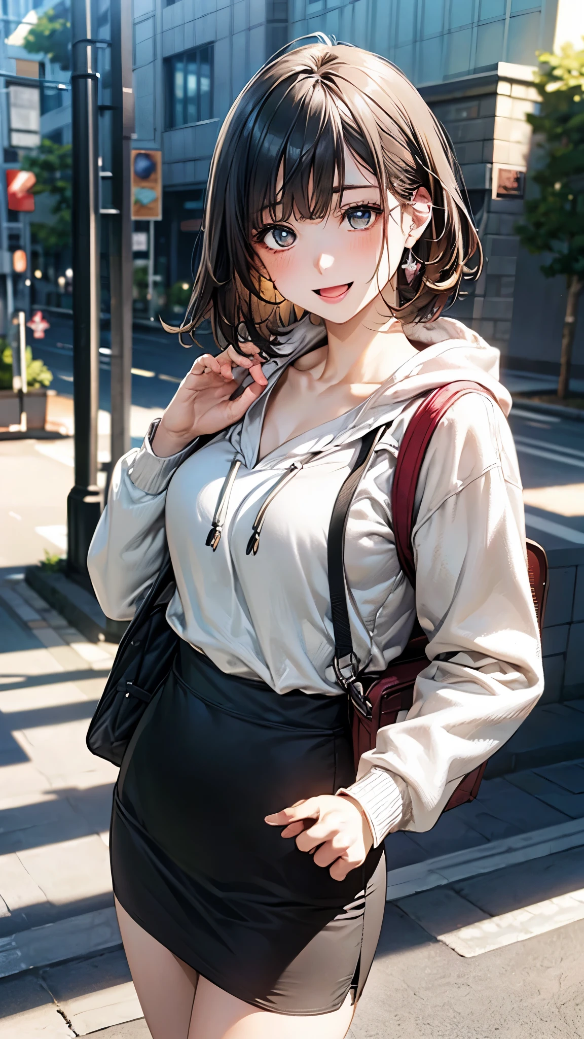 (masterpiece:1.2, top-quality), (realistic, photorealistic:1.4), beautiful illustration, (natural side lighting, movie lighting), depth of fields, pastel color,
looking at viewer, cowboy shot, (from below), 1 girl, japanese, college age, perfect face, cute and symmetrical face, babyface, round face, shiny skin,
(short hair, straight hair, black hair), bangs hairpin, asymmetrical bangs, pale turquoise eyes,, long eye lasher, (medium breasts), perfect female body,
beautiful hair, beautiful face, beautiful detailed eyes, beautiful clavicle, beautiful body, beautiful chest, beautiful thigh, beautiful legs, beautiful fingers,
(hoodie, pencil skirt, long sleeves, knapsack),
(beautiful scenery), (street, shiny, bright, rim lighting), running, jumping, active pose, dynamic angle, (smile:0.8), open mouth,