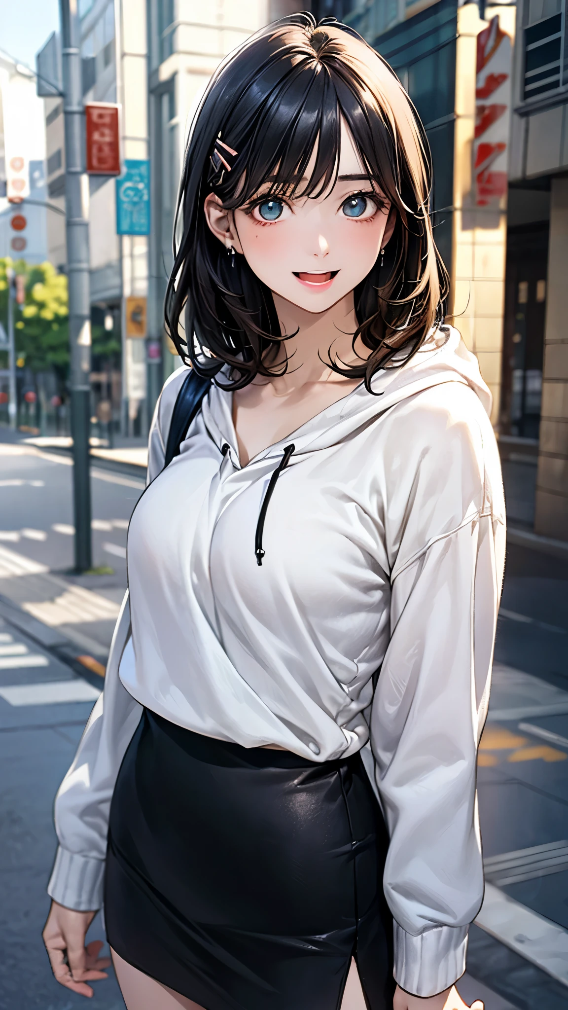 (masterpiece:1.2, top-quality), (realistic, photorealistic:1.4), beautiful illustration, (natural side lighting, movie lighting), depth of fields, pastel color,
looking at viewer, cowboy shot, (from below), 1 girl, japanese, college age, perfect face, cute and symmetrical face, babyface, round face, shiny skin,
(short hair, straight hair, black hair), bangs hairpin, asymmetrical bangs, pale turquoise eyes,, long eye lasher, (medium breasts), perfect female body,
beautiful hair, beautiful face, beautiful detailed eyes, beautiful clavicle, beautiful body, beautiful chest, beautiful thigh, beautiful legs, beautiful fingers,
(hoodie, pencil skirt, long sleeves, knapsack),
(beautiful scenery), (street, shiny, bright, rim lighting), running, jumping, active pose, dynamic angle, (smile:0.8), open mouth,