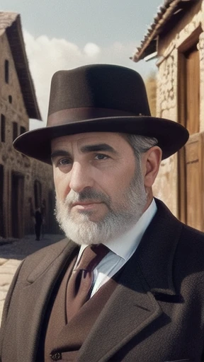 a rich jewish man in front of a village focus on the face.