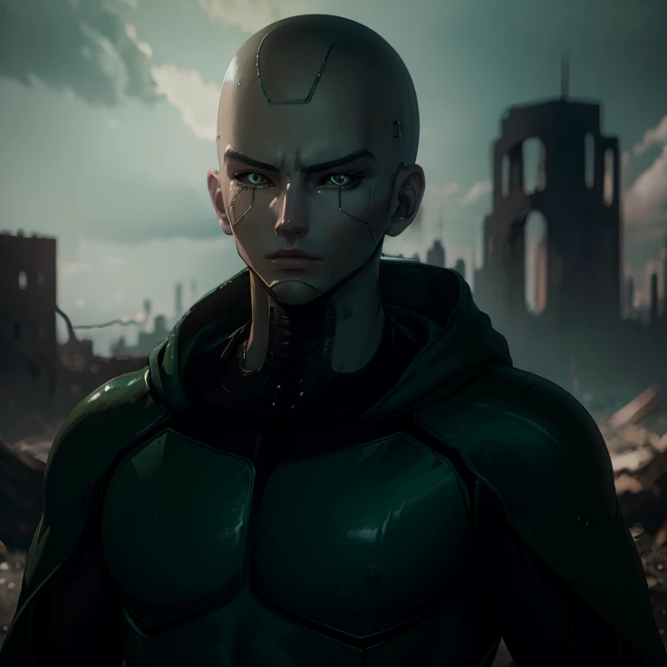 A painting showing the face of an android, masculine, with emerald green eyes that convey wisdom and determination. He wears a hood covering his bald head, without a helmet. The background is a dystopian world in ruins, with a cloudy sky in the background.