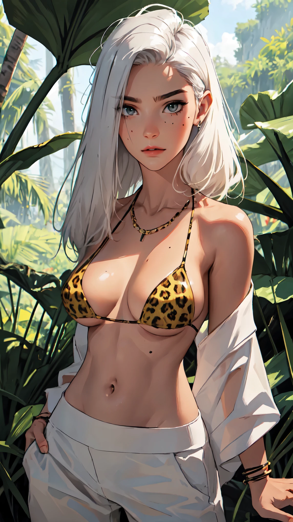 （lifelike， high - resolution：1.3）， 1 girl with a perfect body，slender body, Super fine face and eyes，assasin, dark makeup, shiny skin，white hair, (jungle bikini, cheetah print micro bikini)，Expose cleavage, (bracelets, tooth jewelry, a lot of necklaces, very long necklaces, necklaces down to stomach, body chains, waist chains), sex machine, restrained, bound, bdsm, object insertion, smachine (wet skin, shiny skin)