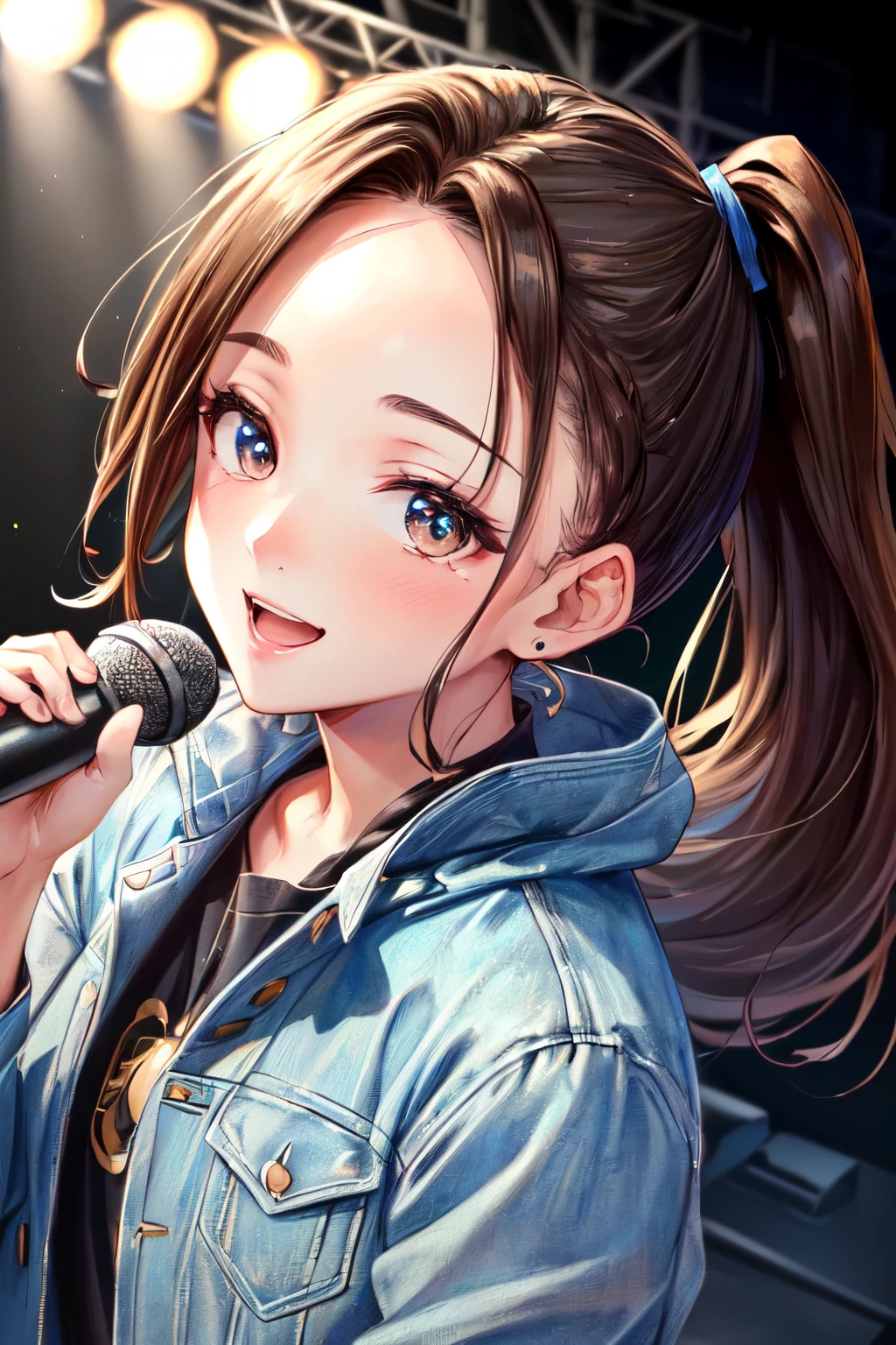 ((Best of the highest quality, 8k, Masterpiece, raw photo: 1.3)), (Great artist style, Alphonse Mucha: 0.72), Sharp focus, (1girl: 1.1), face focus, cute face, (portrait: 1.2), (k-pop idol, on the stage, microphone: 1.28), jacket, from above, (brunette pony tail, forehead: 1.1), small smile,