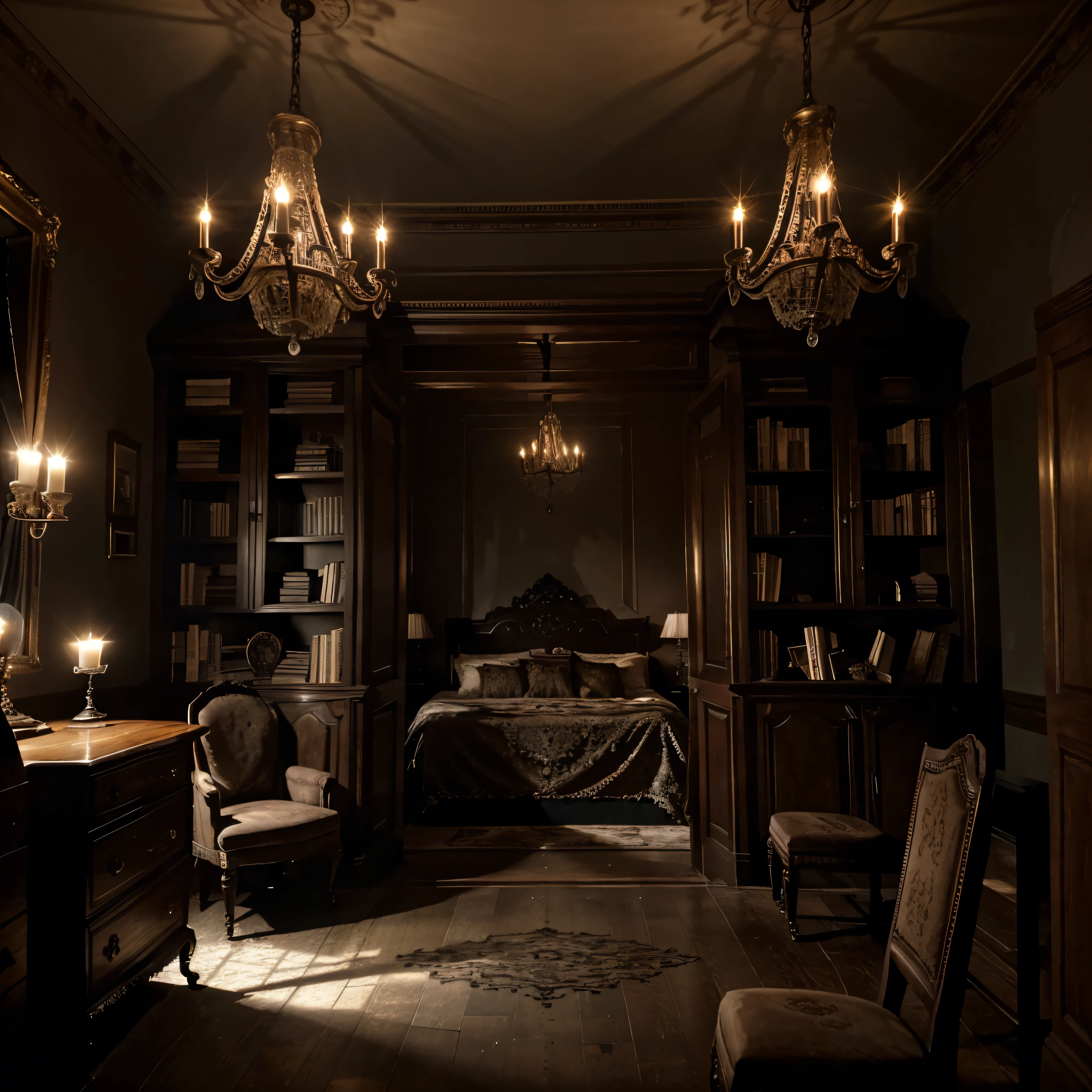 elegant victorian haunted manor bedroom, luxurious detailed interior, antique furniture, ornate chandelier, moonlight streaming through windows, cobwebs in corners, dusty aged books, cobweb-covered candelabra, flickering candlelight, dark oak flooring, atmospheric lighting, moody tones, (best quality,8k,highres,masterpiece:1.2),ultra-detailed,(realistic,photorealistic:1.37),cinematic composition,intricate detail,dramatic shadows,moody atmosphere